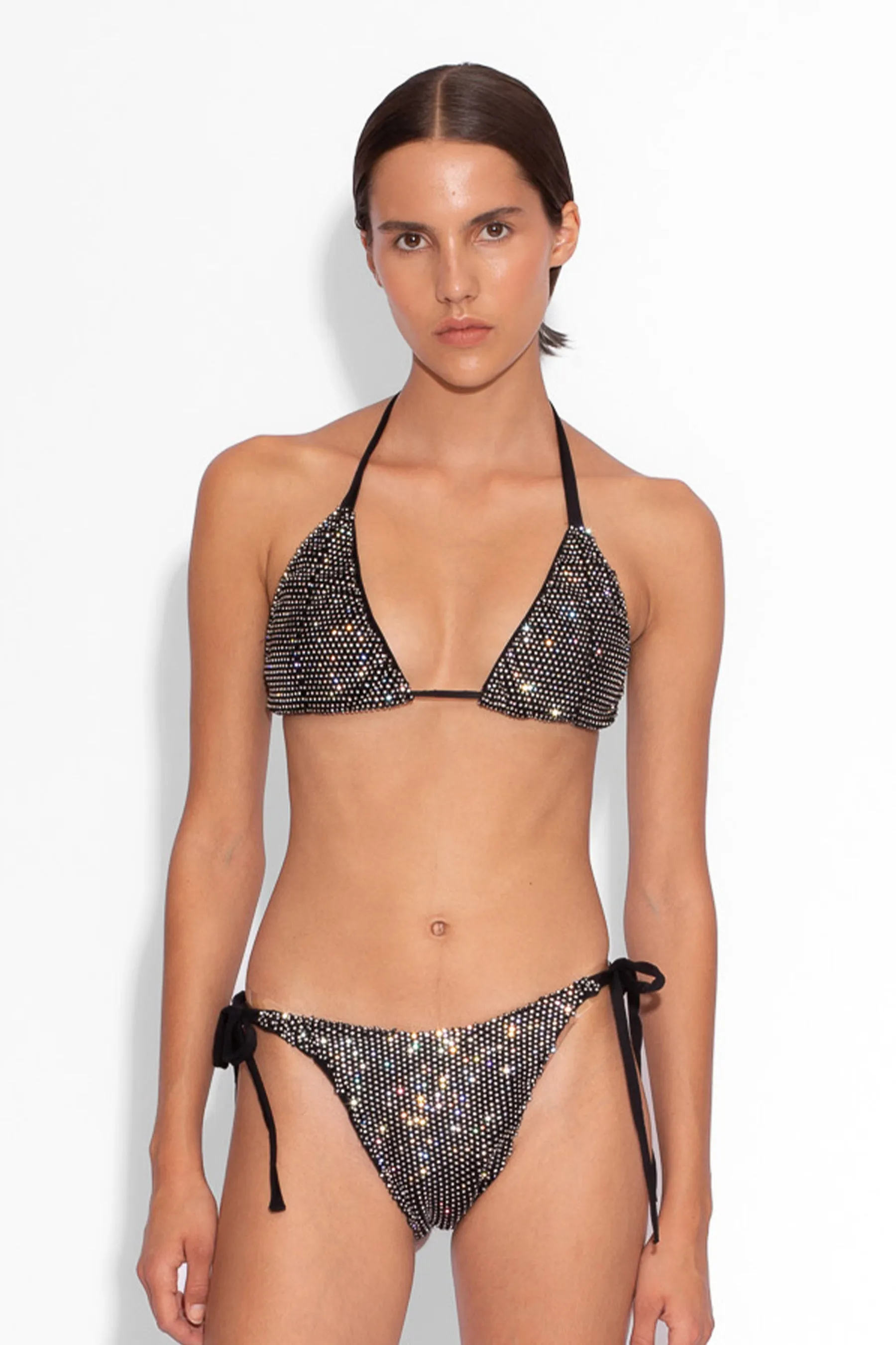 Crystal Embellished Fishnet Bikini Pant in Black