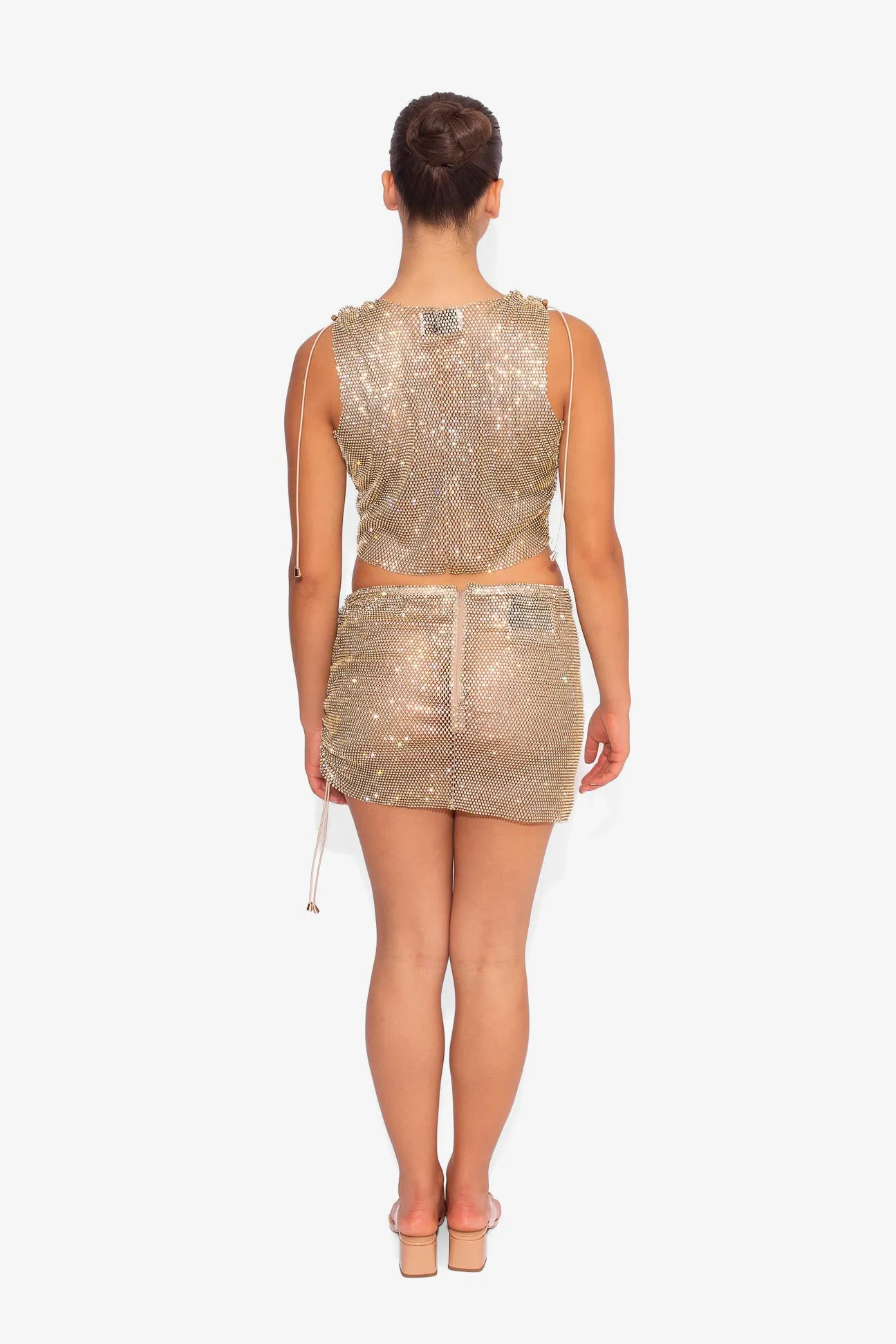 Crystal Embellished Fishnet Mini Skirt in Gold
