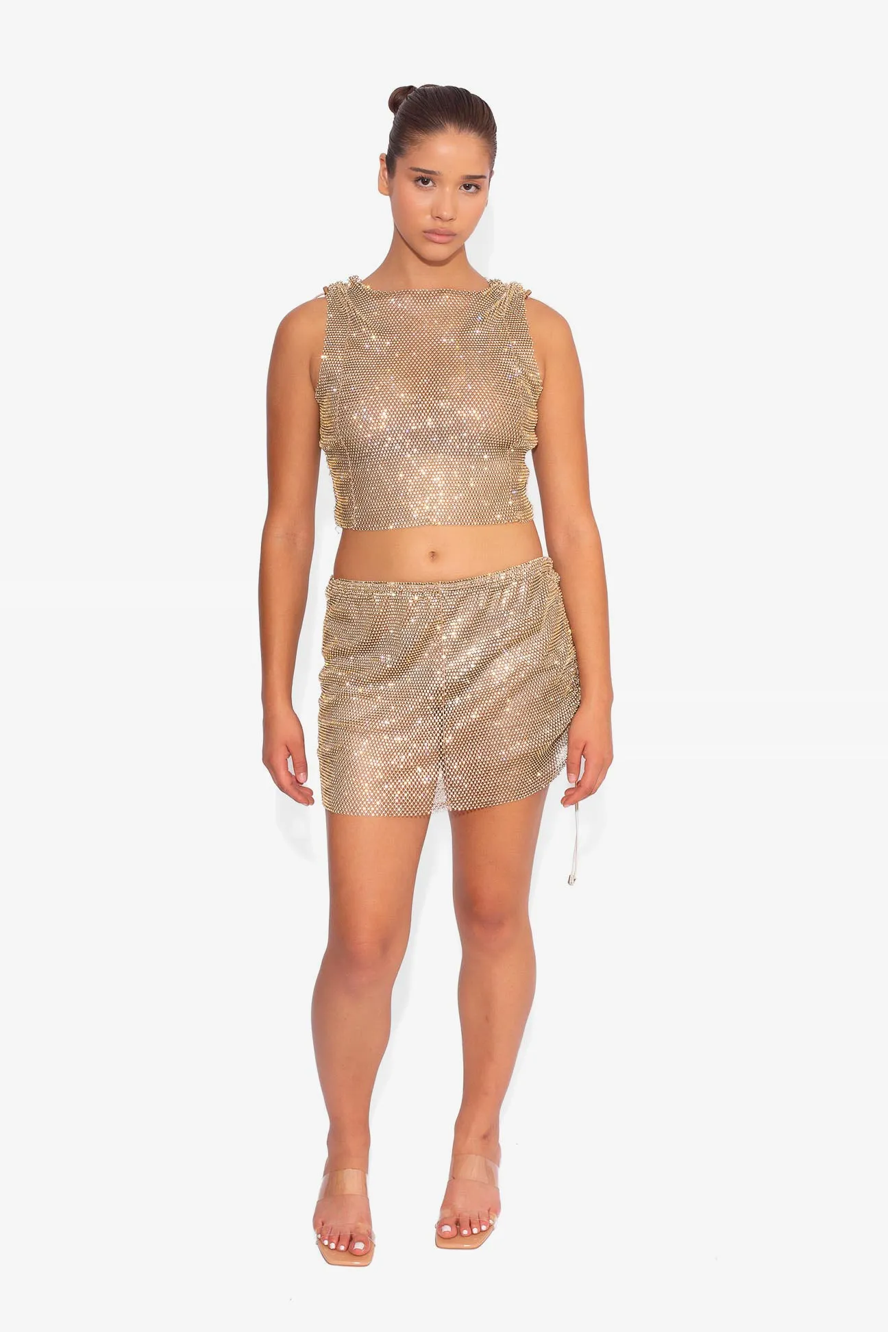 Crystal Embellished Fishnet Mini Skirt in Gold