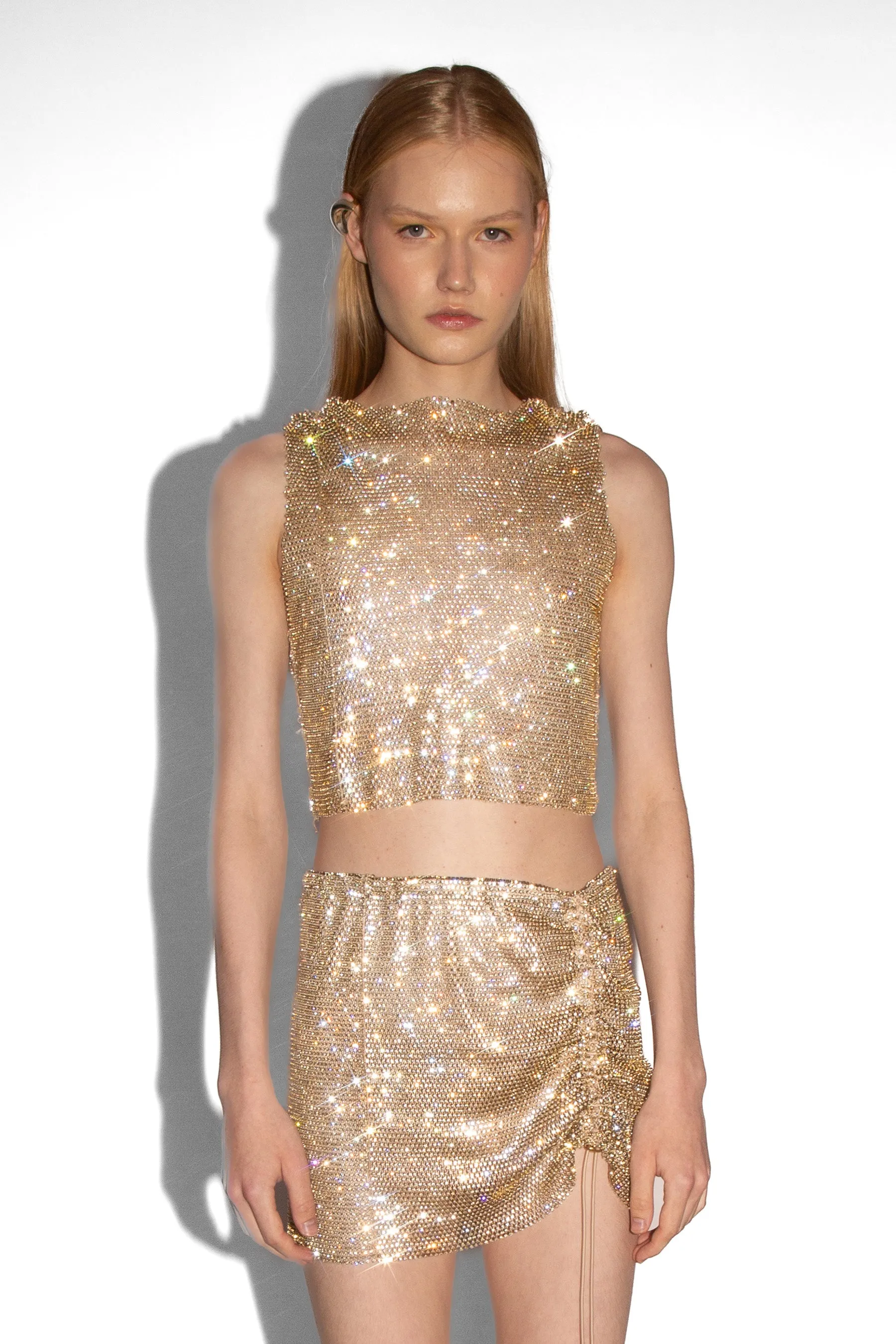 Crystal Embellished Fishnet Mini Skirt in Gold