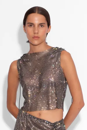 Crystal Embellished Fishnet Tank Top in Black