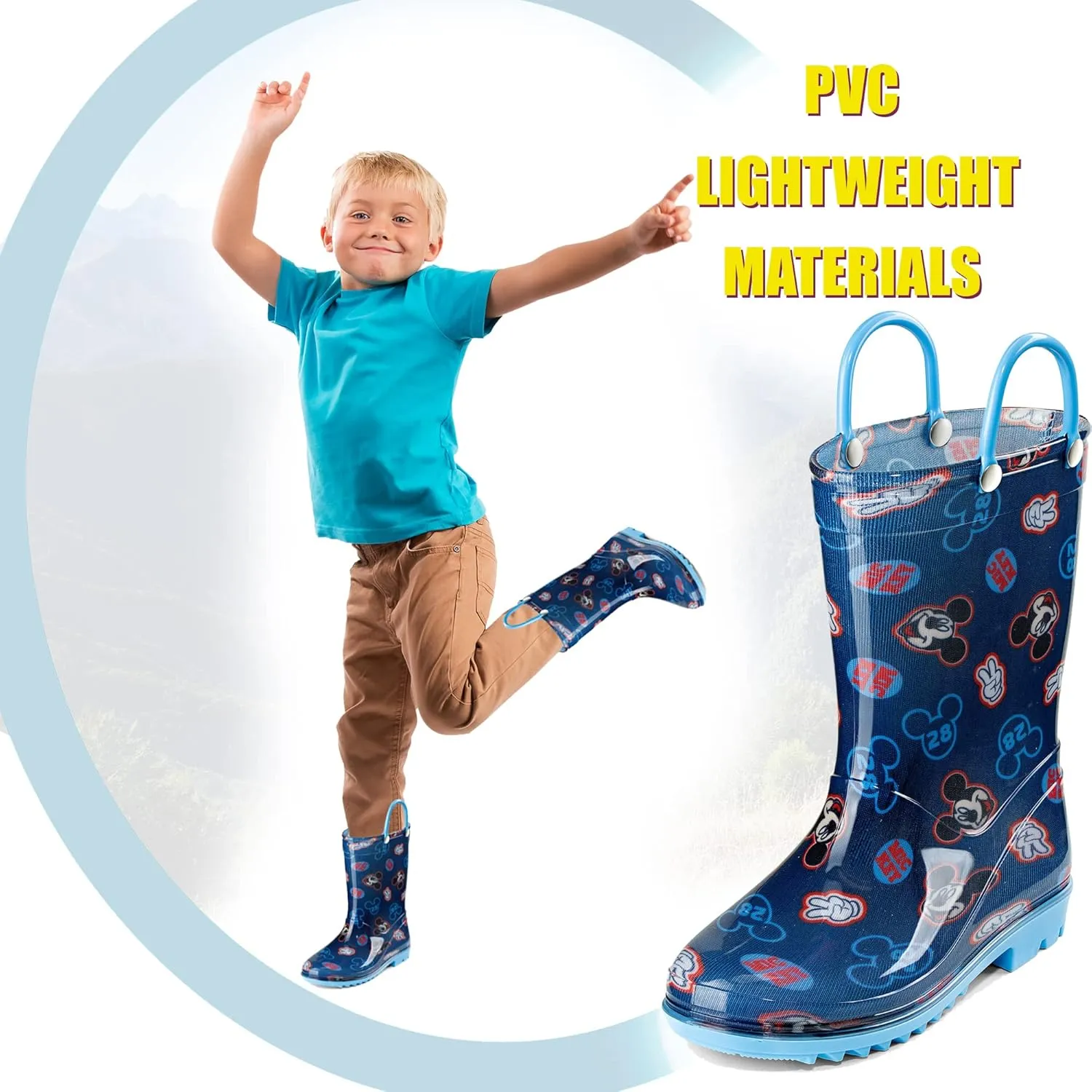 Disney Mickey Mouse Boys' Waterproof PVC Rain Boots with Handles  Toddler & Little Kids