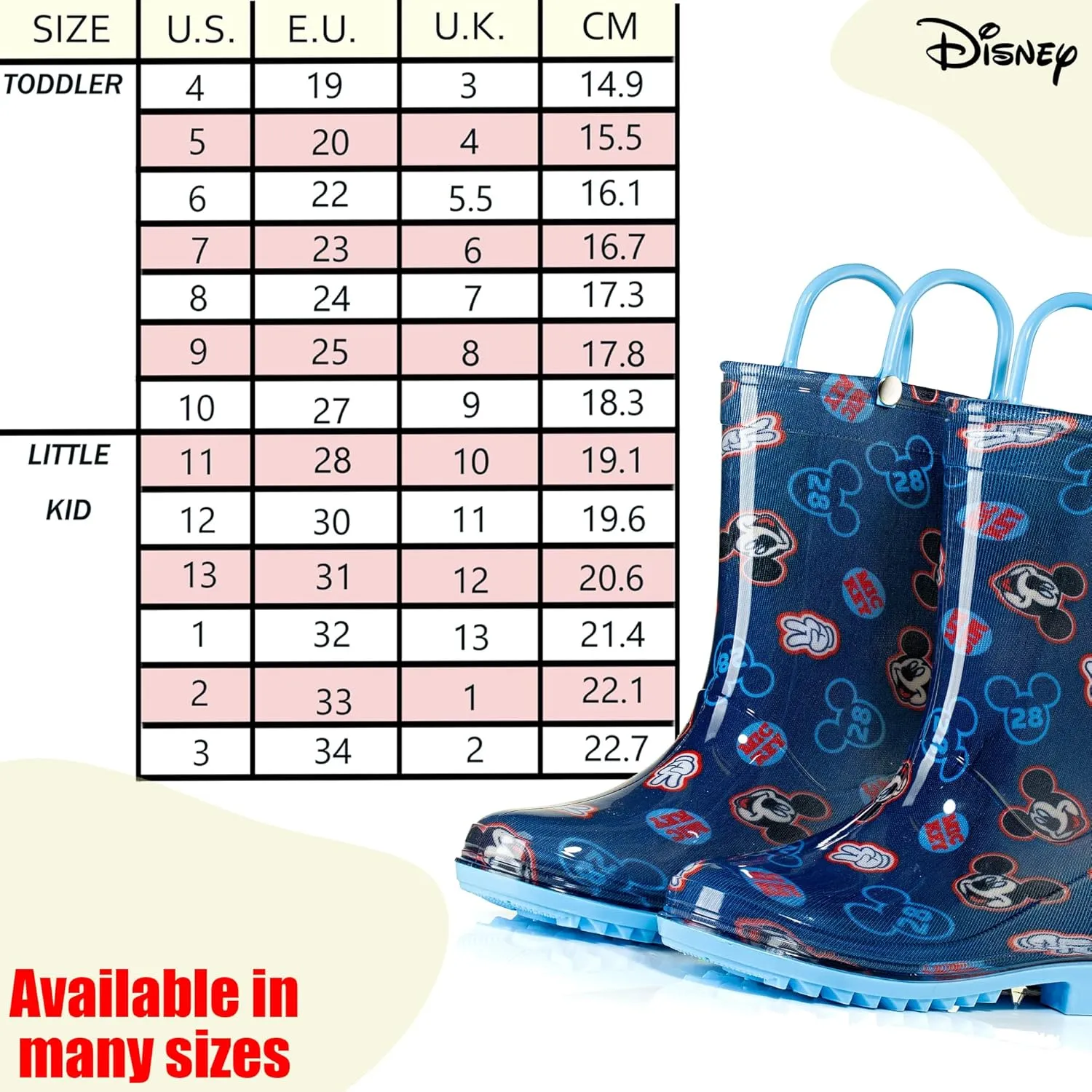 Disney Mickey Mouse Boys' Waterproof PVC Rain Boots with Handles  Toddler & Little Kids