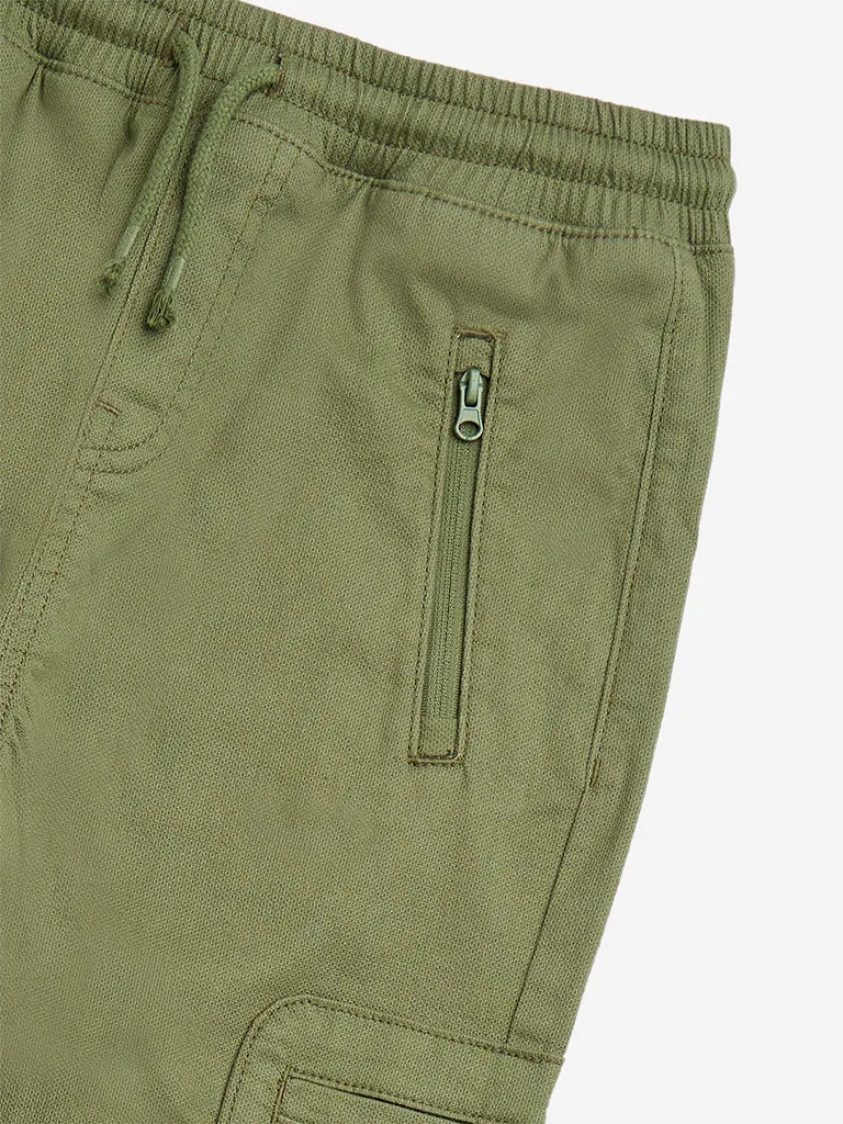 HOP Kids Olive Cotton-Blend Mid-Rise Trousers