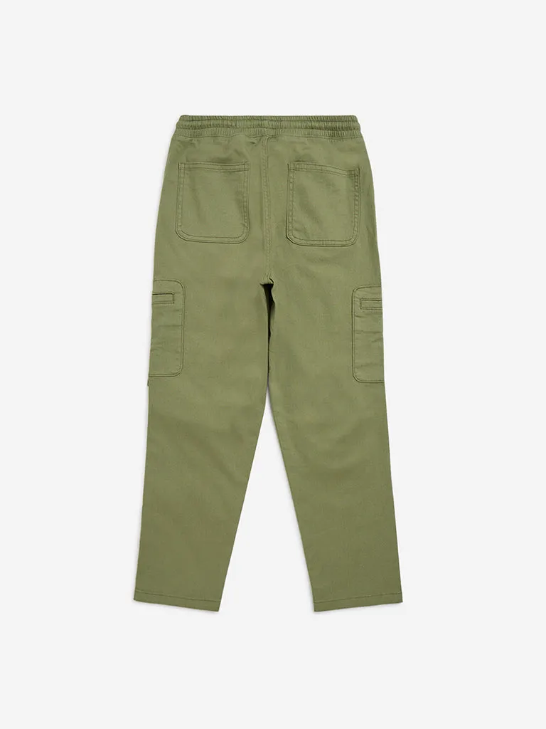 HOP Kids Olive Cotton-Blend Mid-Rise Trousers