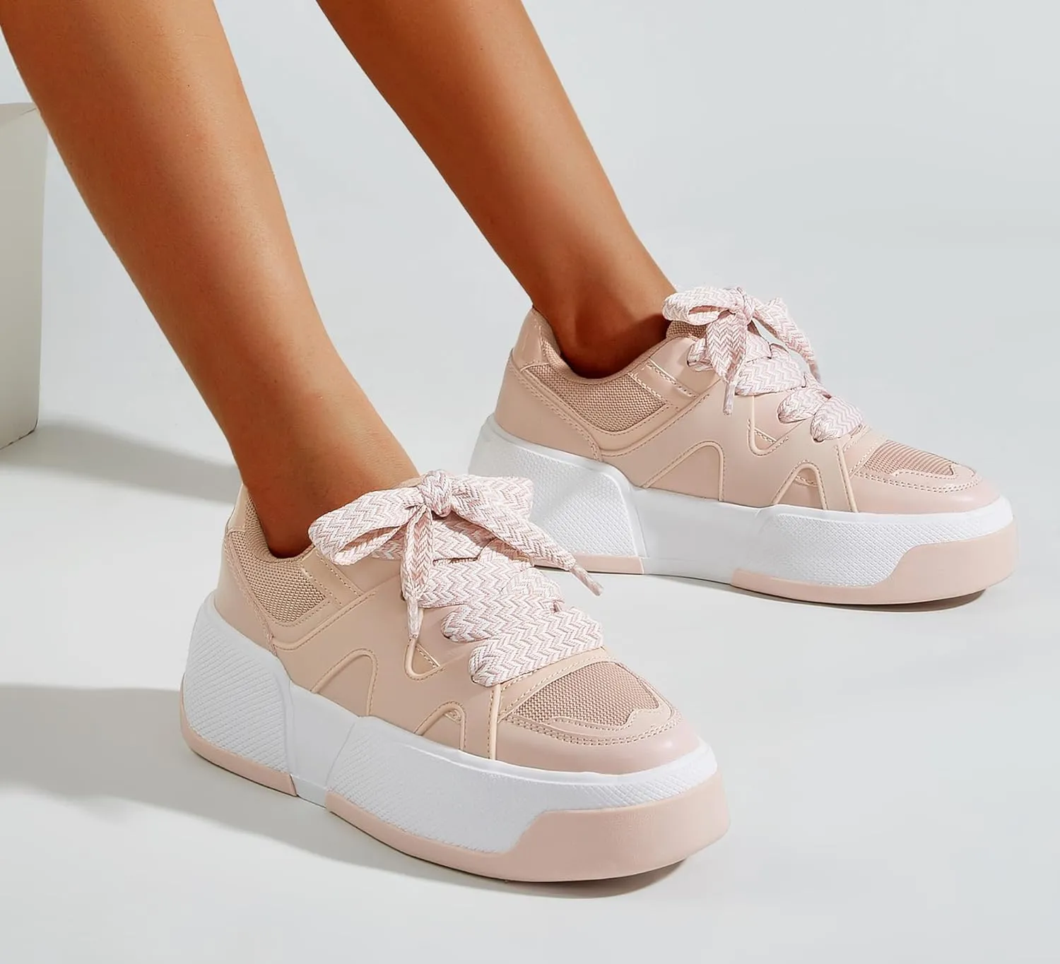 LUCKY STEP Womens Platform Fashion Sneakers Lace up Casual Faux Leather Comfortable Thick Sole Tennis Walking Shoes