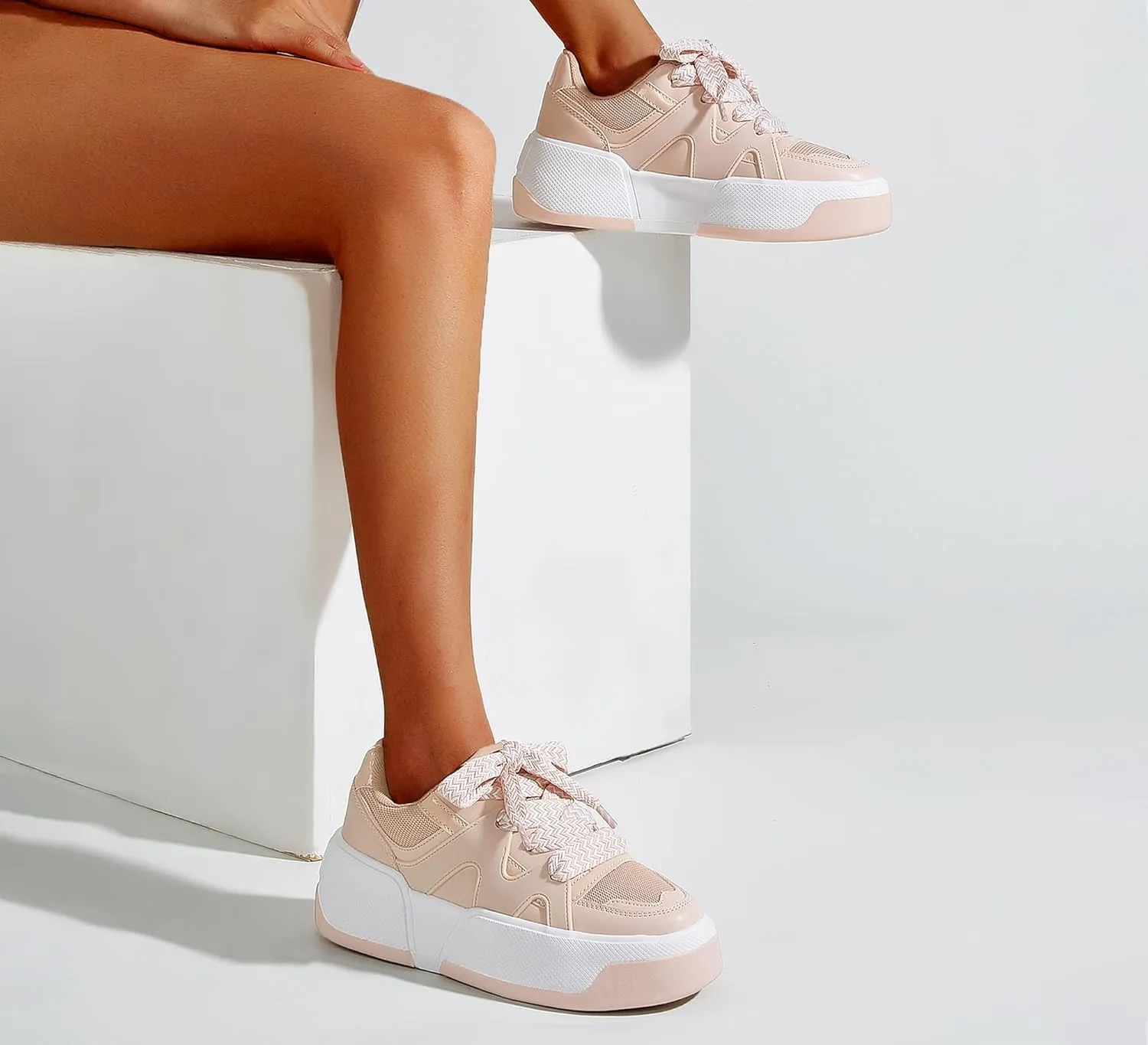 LUCKY STEP Womens Platform Fashion Sneakers Lace up Casual Faux Leather Comfortable Thick Sole Tennis Walking Shoes