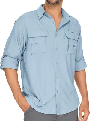 Mens Safari Shirts Long Sleeve UV Protection Hiking Fishing UPF 50  Quick Dry Camping Travel Shirts