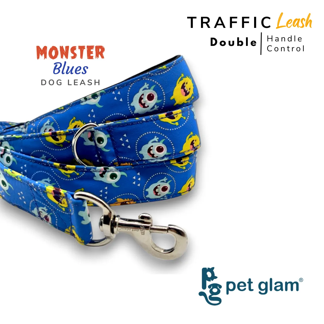Pet Glam Double Handle Traffic Leash For Dogs Monster Blues | 5 Ft Long X-Large 1.5 inch W