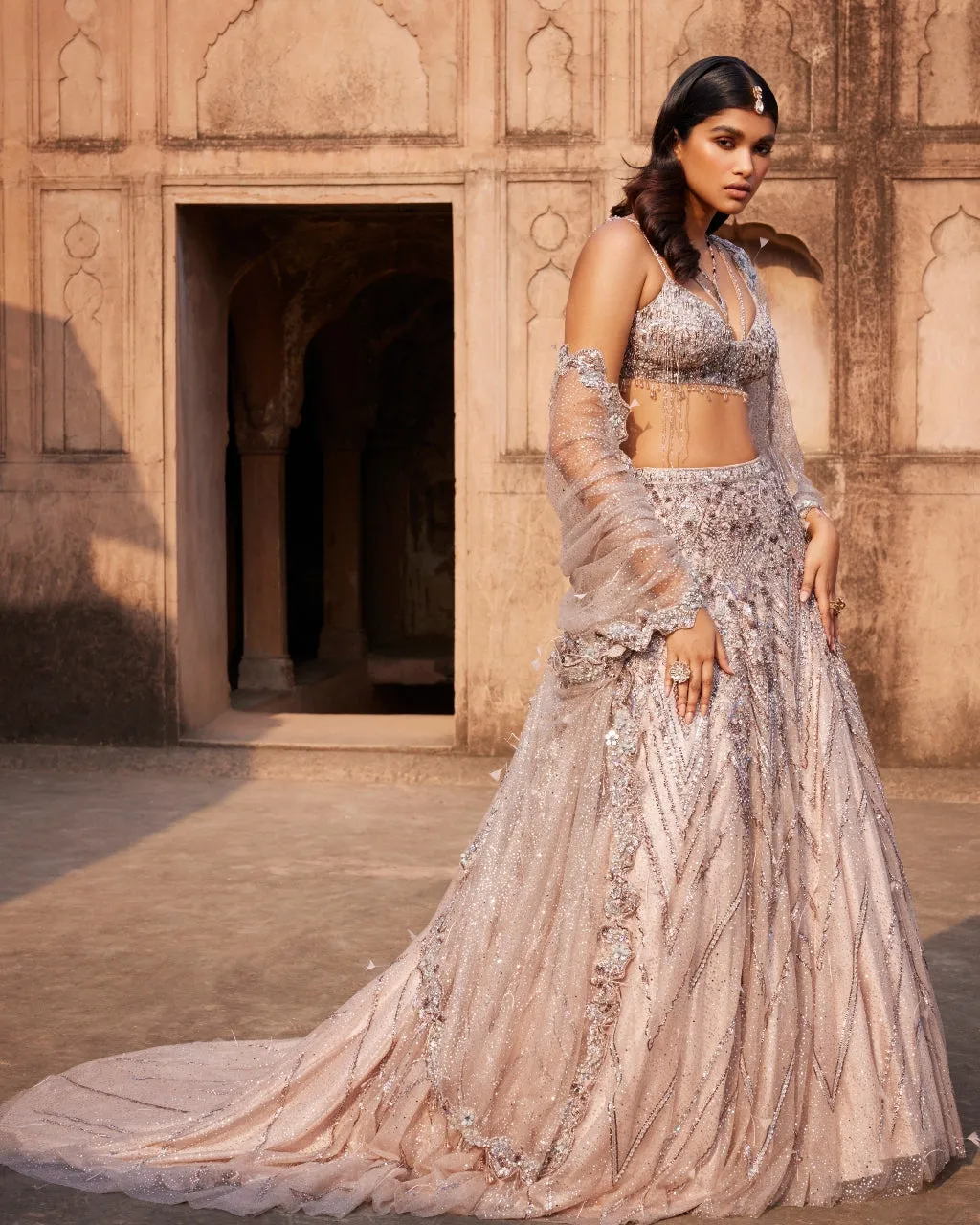 Phaenna Silver Shimmer Tulle Embroidered Lehenga Set