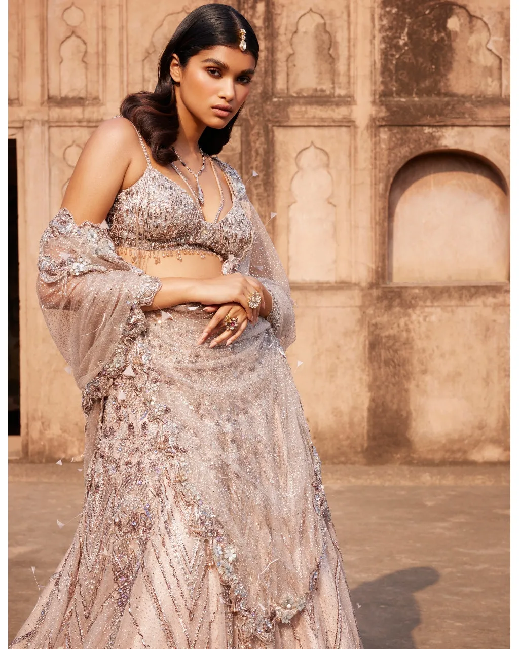 Phaenna Silver Shimmer Tulle Embroidered Lehenga Set