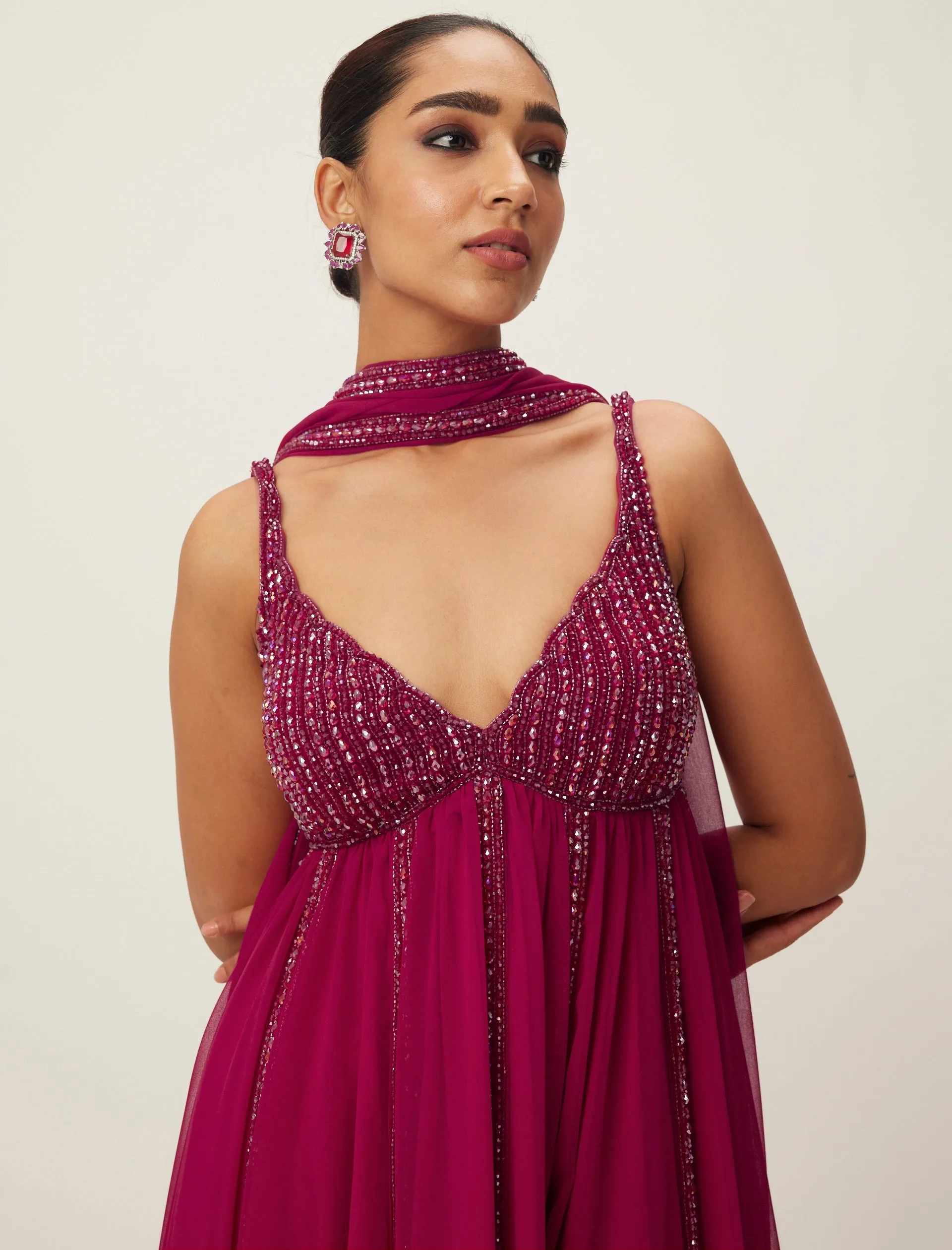 Ruby Red Crystal Embellished Kurta Set