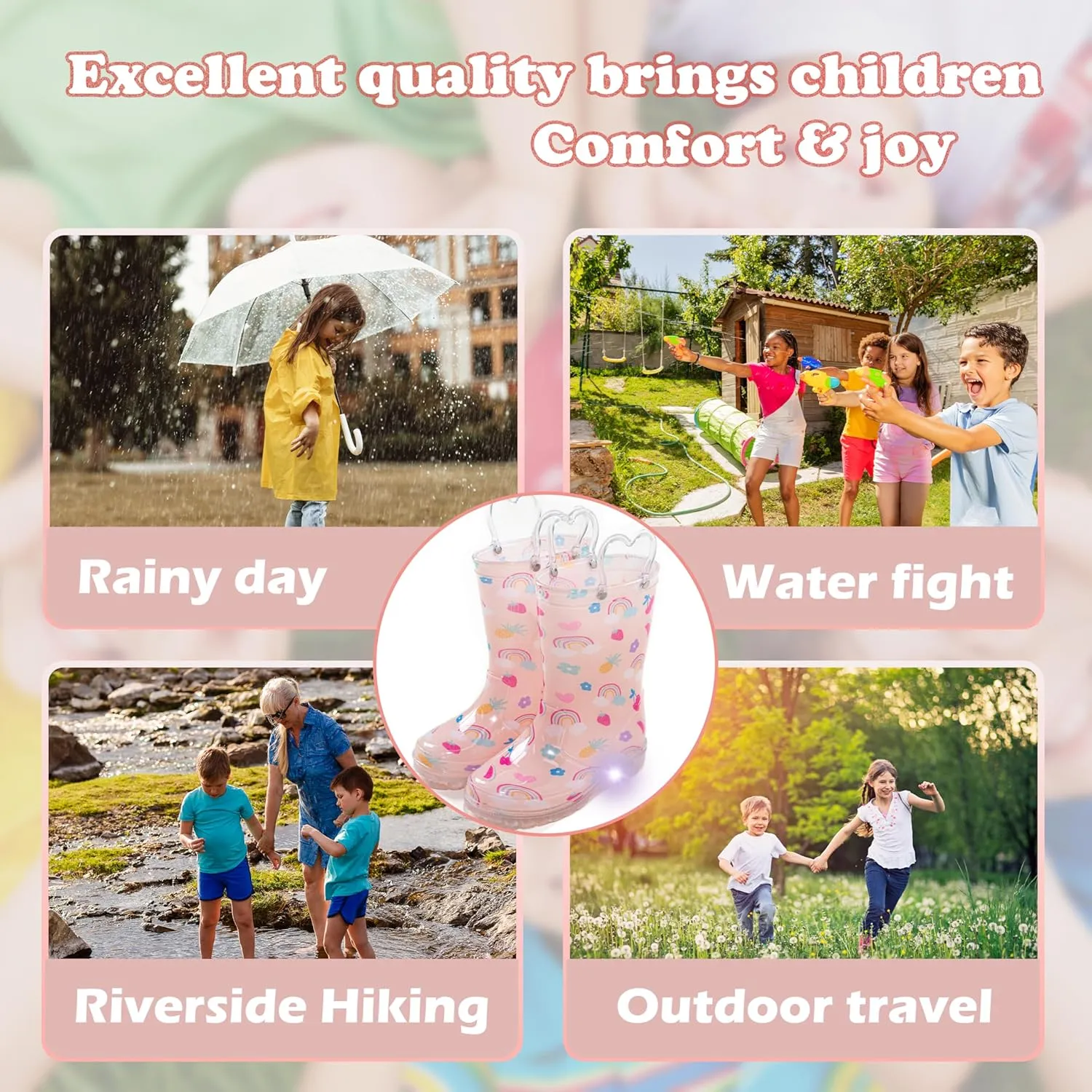 Toddler Light Up Rain Boots for Girls Boys Waterproof Rain Boots with Handles Outdoors Kid Rain Boots