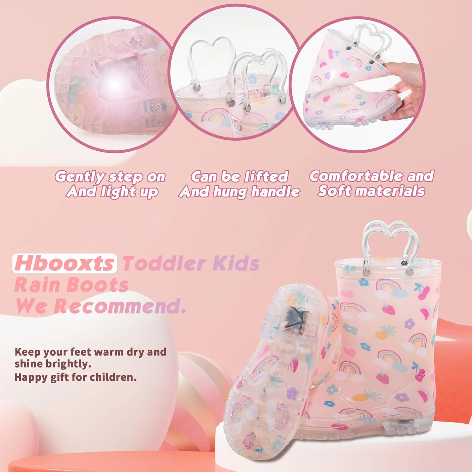 Toddler Light Up Rain Boots for Girls Boys Waterproof Rain Boots with Handles Outdoors Kid Rain Boots