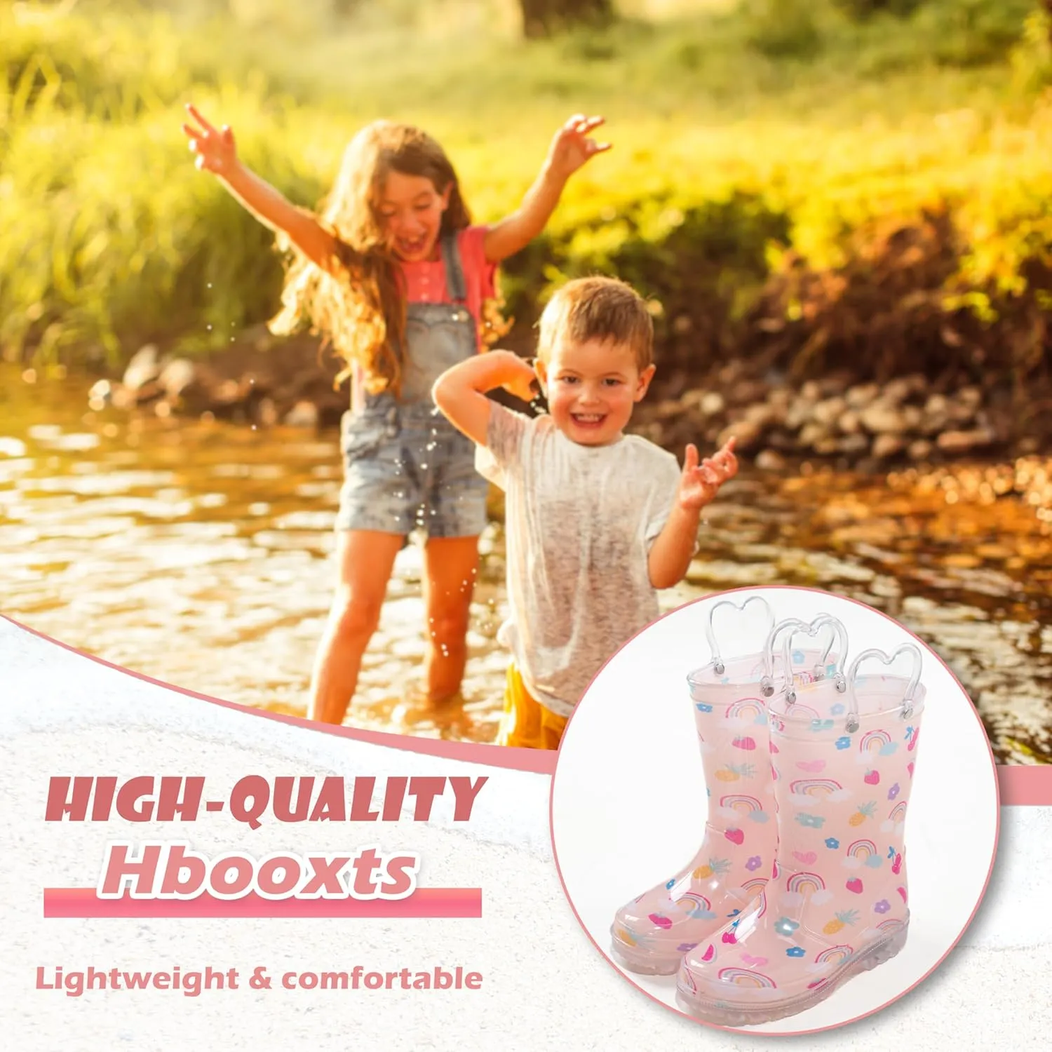 Toddler Light Up Rain Boots for Girls Boys Waterproof Rain Boots with Handles Outdoors Kid Rain Boots