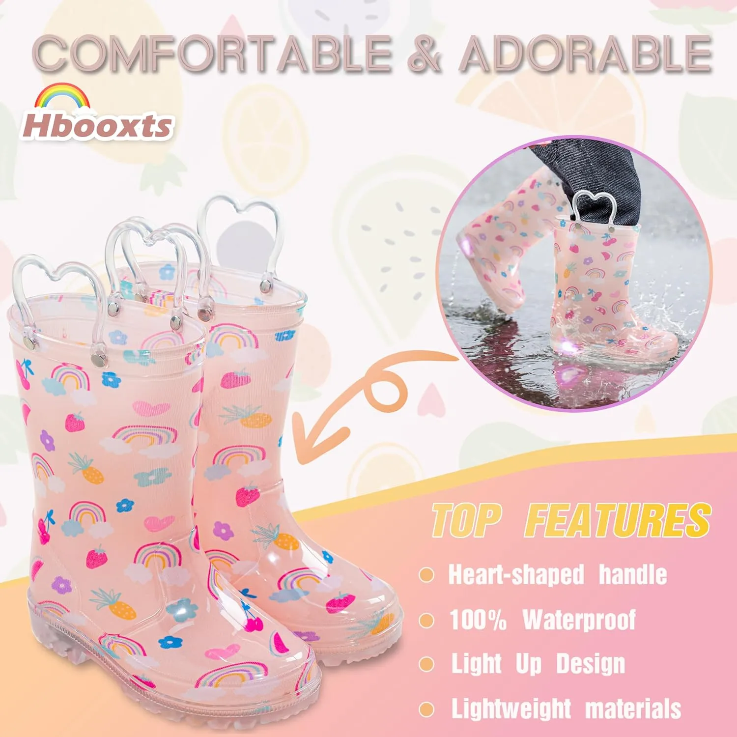 Toddler Light Up Rain Boots for Girls Boys Waterproof Rain Boots with Handles Outdoors Kid Rain Boots