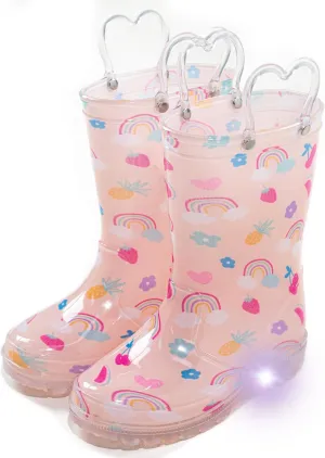 Toddler Light Up Rain Boots for Girls Boys Waterproof Rain Boots with Handles Outdoors Kid Rain Boots
