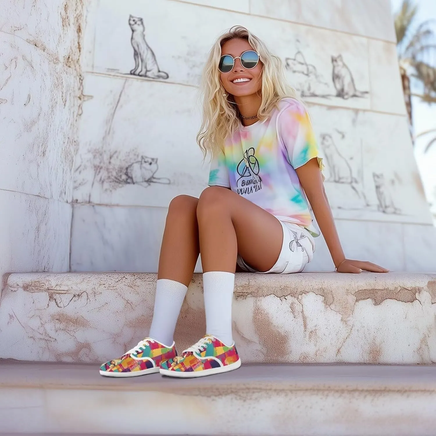 Women's Art Print Barefoot Cozy Non-Slip Wide Toe Box Breathable Mesh Tennis Shoes Zero Drop Walking Shoes for Teen Girls US 6-13.5