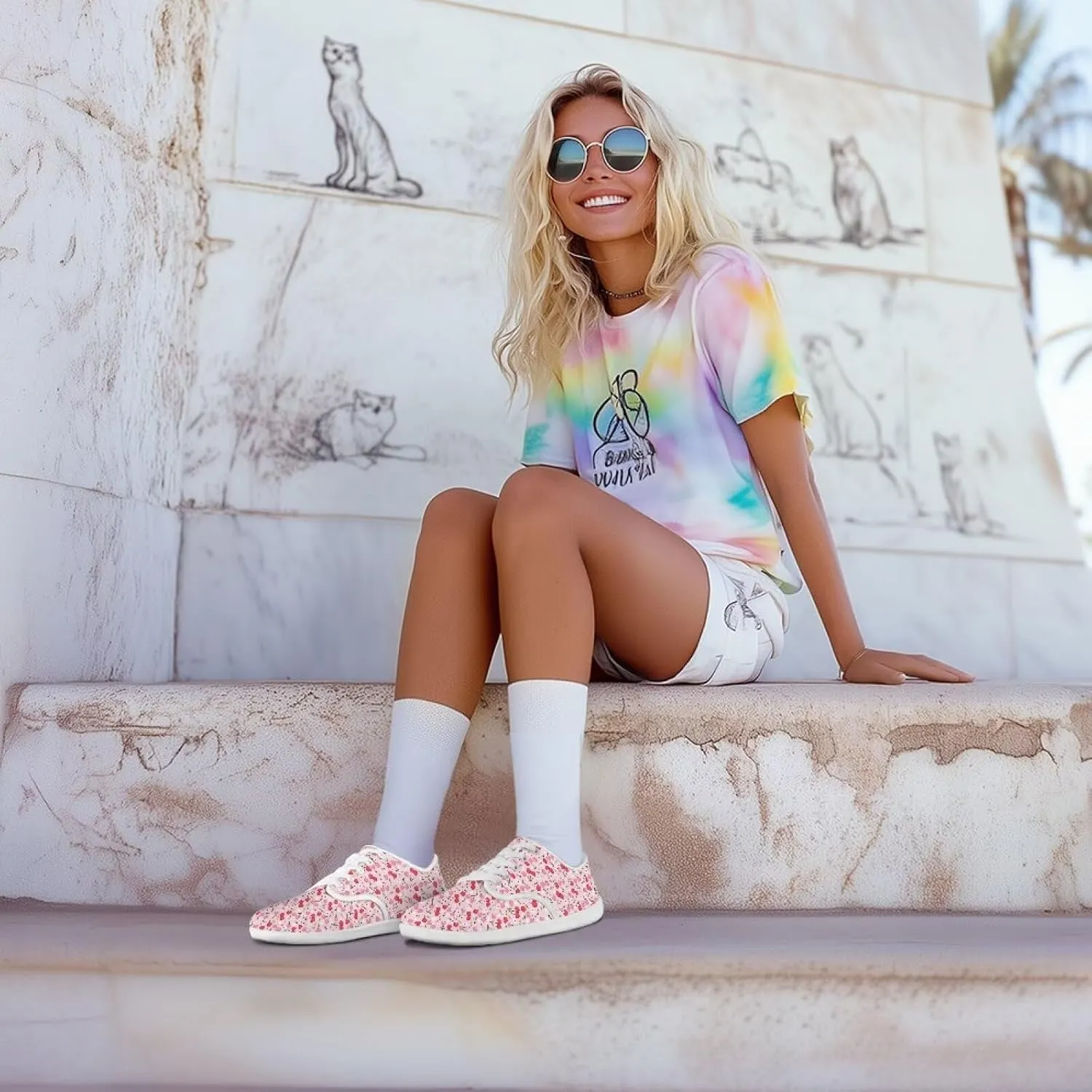 Women's Art Print Barefoot Cozy Non-Slip Wide Toe Box Breathable Mesh Tennis Shoes Zero Drop Walking Shoes for Teen Girls US 6-13.5