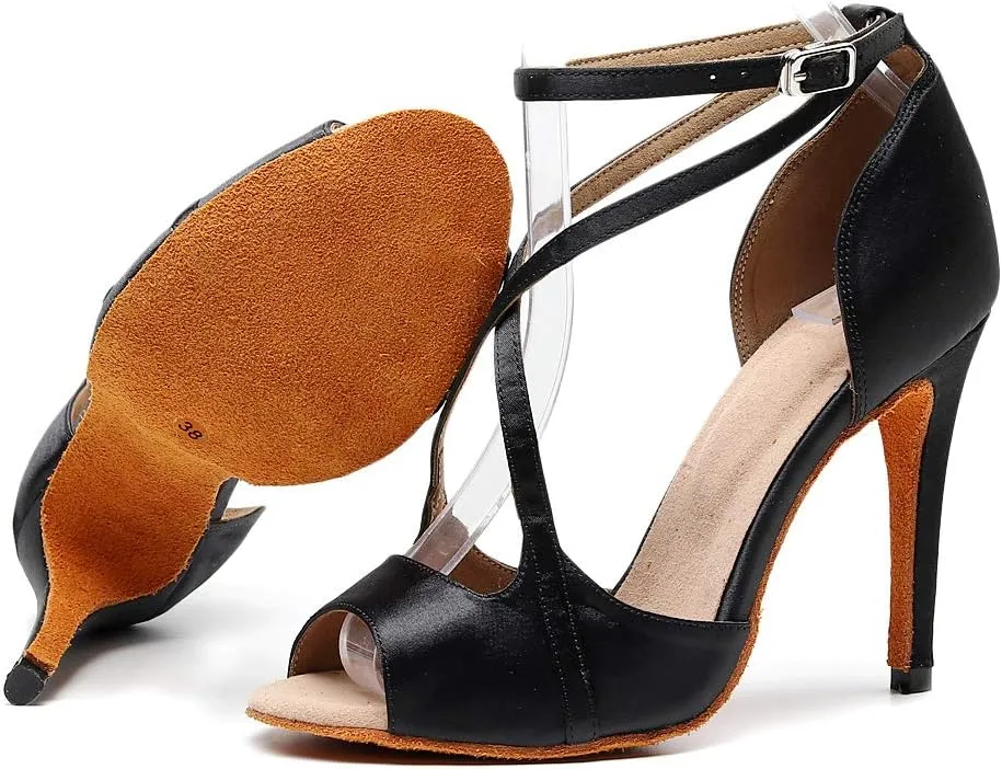 Women's Latin Dance Shoes High Heel Sandals Stain Professional Ballroom Salsa Practice Performance Dance Shoes Bachata Shoes PU Wedding Pumps Shoes with 7.5CM Heel